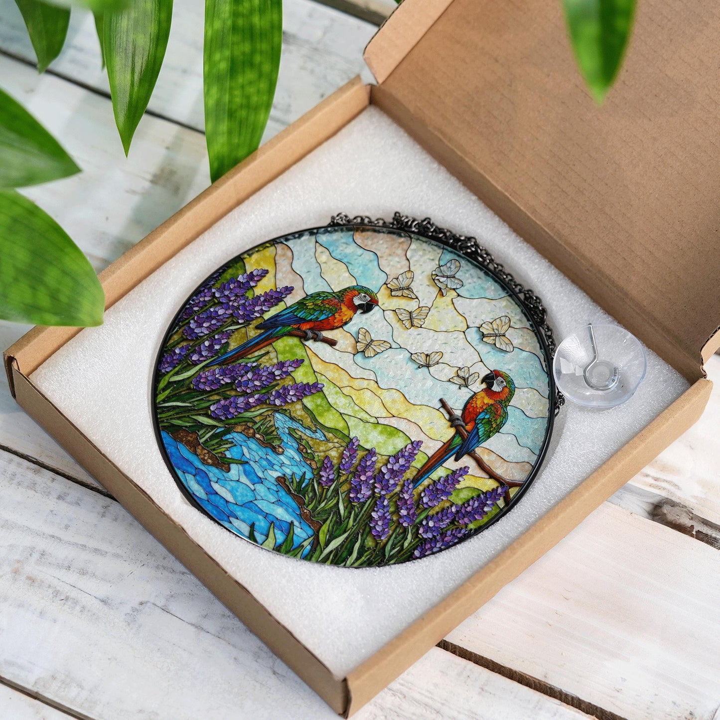 Colorful parrots butterflies and lavender stained glass suncatcher window hanging gift for bird lovers
