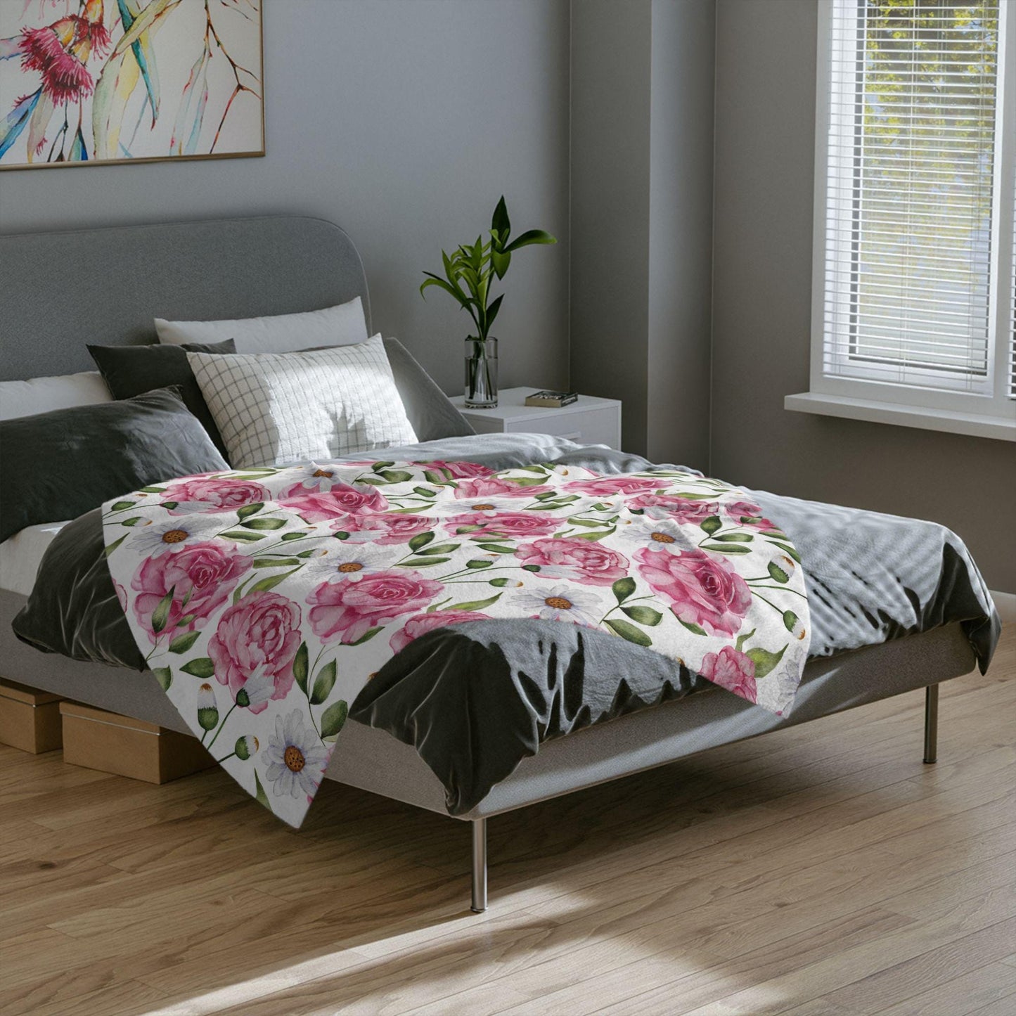 Floral Throw Blanket Pink Rose Blanket, Botanical Throw Blanket Gift for Flower Lovers, Gift for Gardener, Pink Flower Fleece Decor