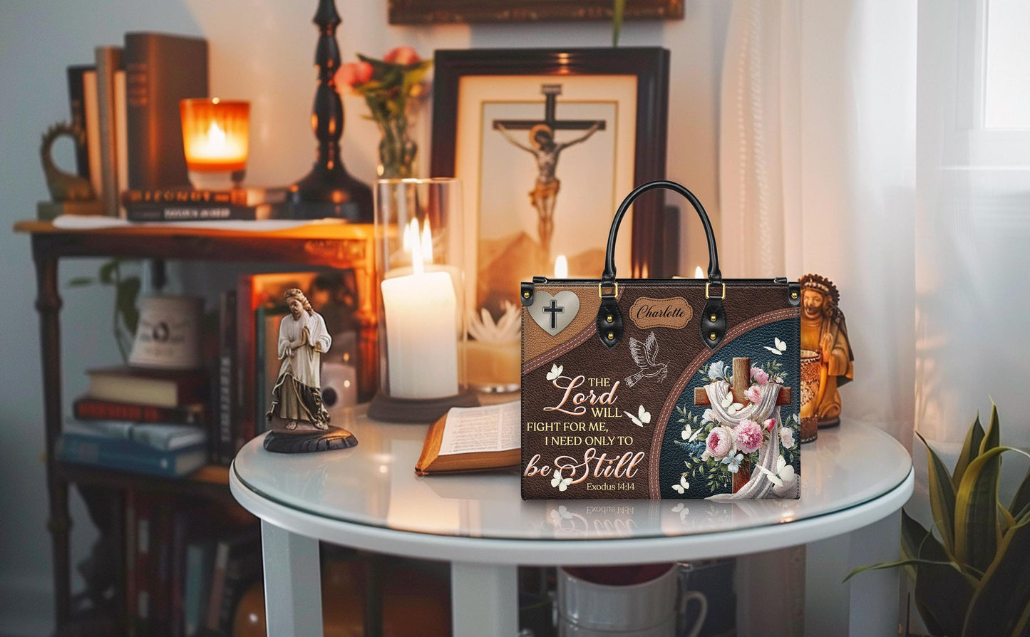 Personalized Christian Tote Bag, Custom Name Scripture Handbag, Exodus 14:14 Faux Leather Satchel, Religious Gift for Mom, Faith Bag