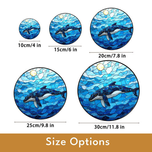 Whale Swimming in Ocean Blue Round Stained Glass Suncatcher Gift for Ocean Lovers