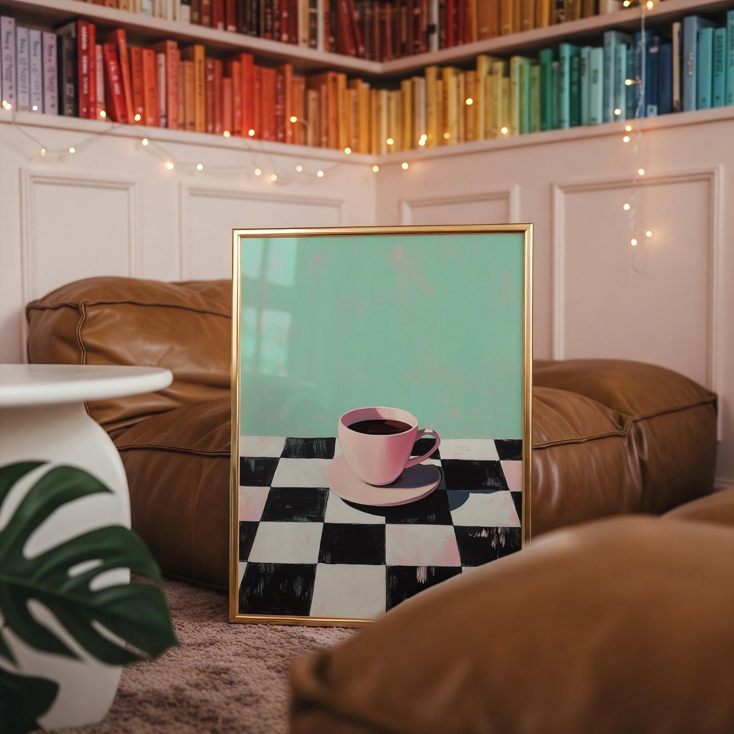 Retro Coffee Print: Checkerboard Table, Minimalist Kitchen Art