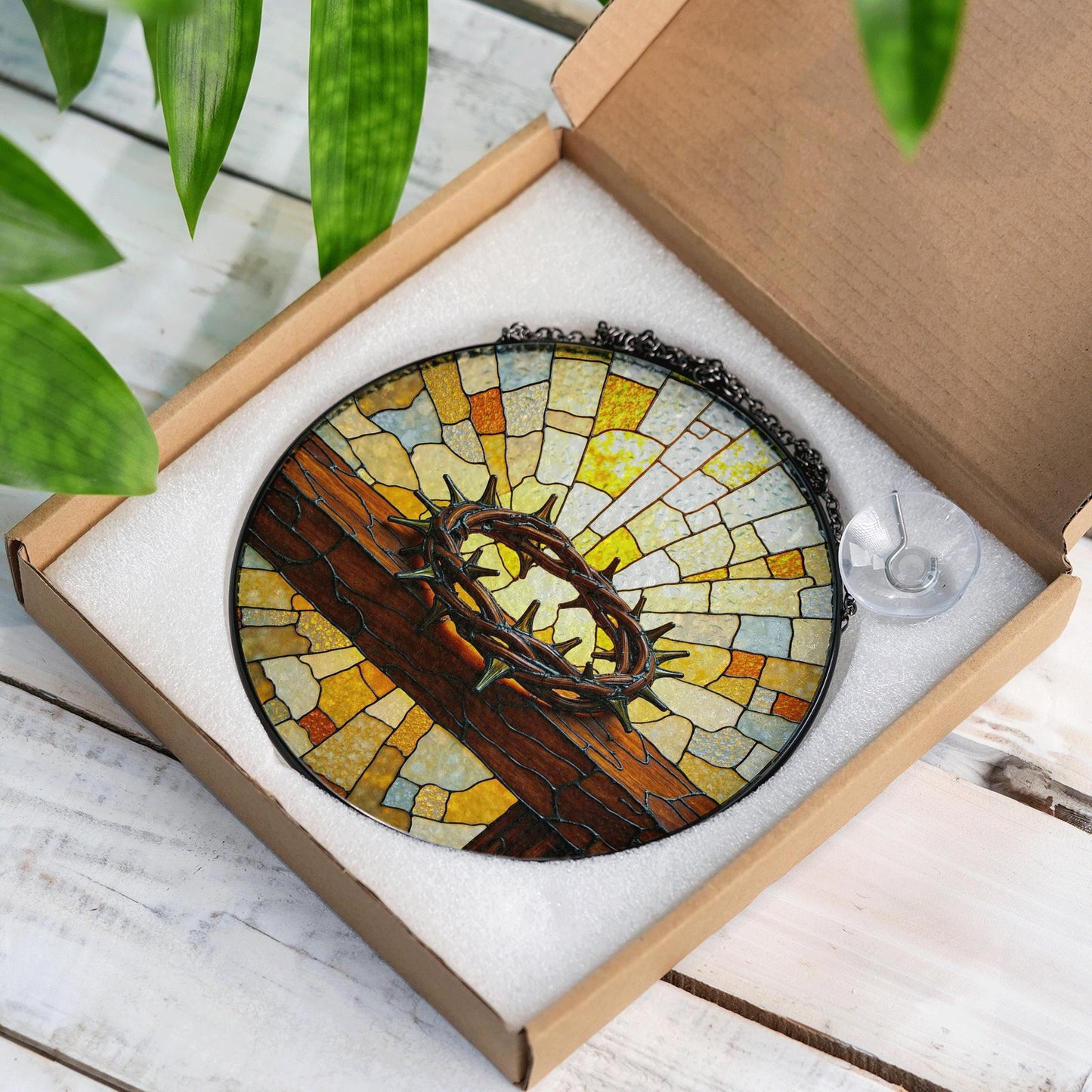 crown of thorns cross window art christian stained glass suncatcher gift for faithful dad