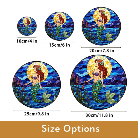 mermaid with red hair under sun in ocean waves stained glass suncatcher gift for sister