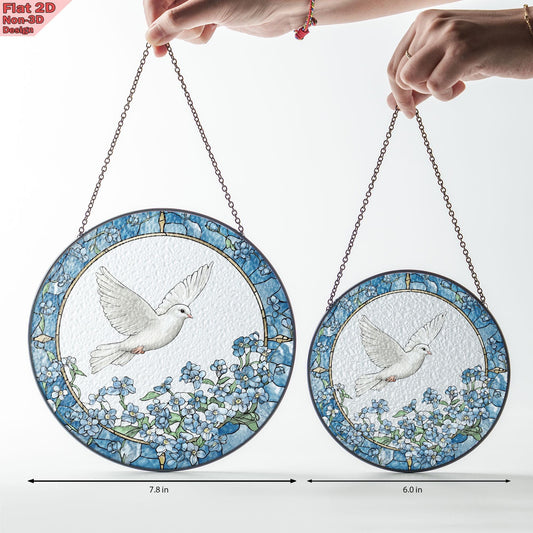 Dove and Forget Me Not Flowers Stained Glass Suncatcher, Dove and Forget Me Not Window Hanging, Elegant Home Décor, Peaceful Memorial Gift