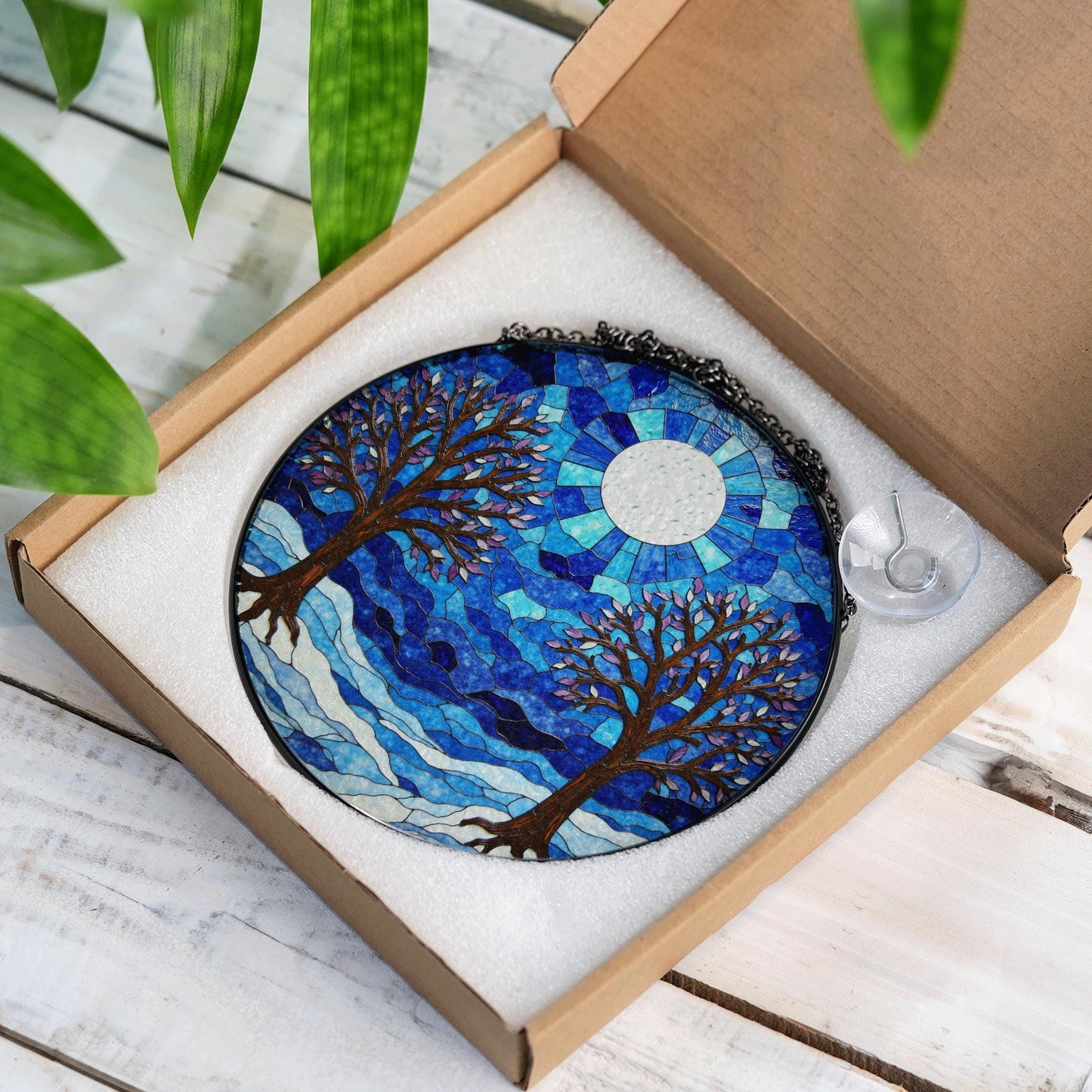 Winter trees under full moon blue stained glass round suncatcher window decor gift for nature lovers