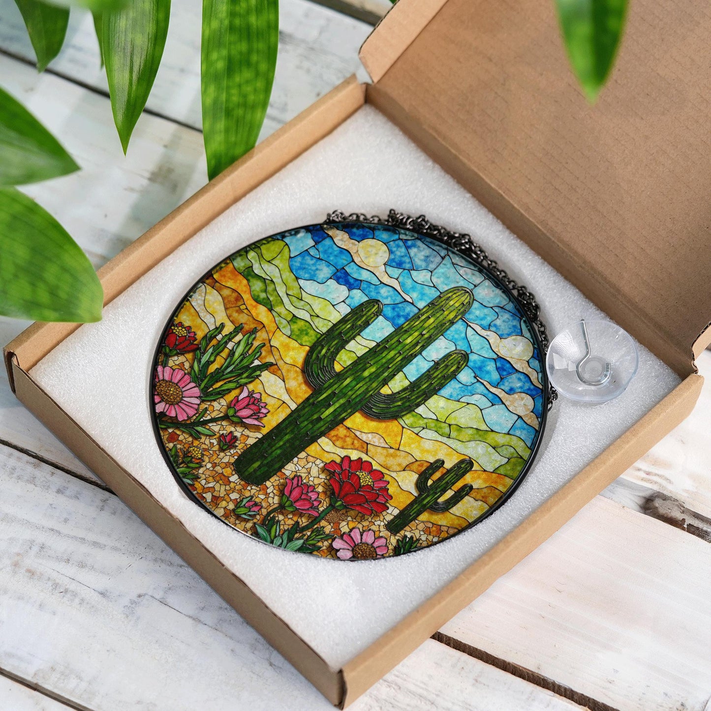 Desert cactus bloom stained glass suncatcher with wildflowers and sky gift for nature lovers
