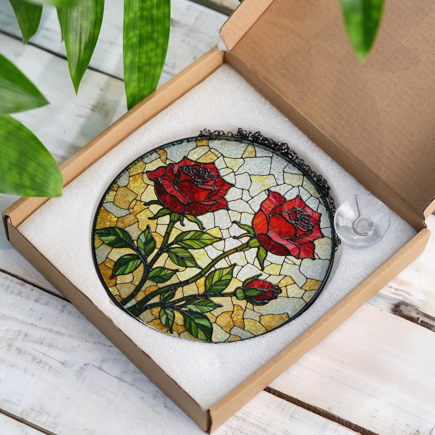 Red Rose Stained Glass Suncatcher – Handmade Floral Window Decor – Gift for Garden Lovers, Moms, or Romantic Occasions