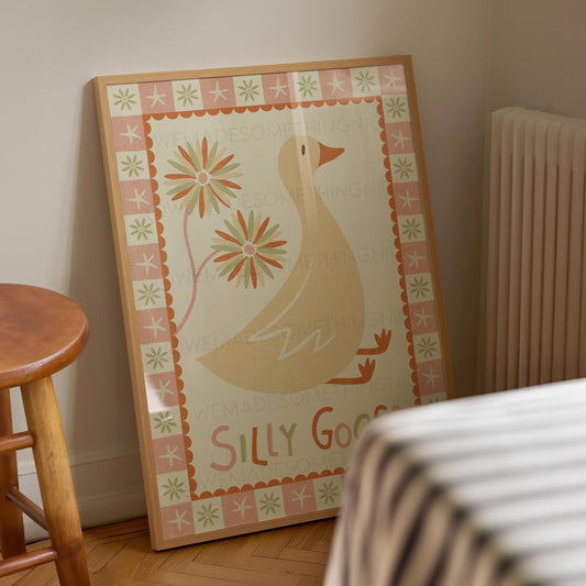 Silly Goose Print, Trendy Wall Art, Apartment Decor, Retro Wall Art, Quirky Wall, Nursery Art, Cottage Core Decor, Green Art, Pink Wall Art