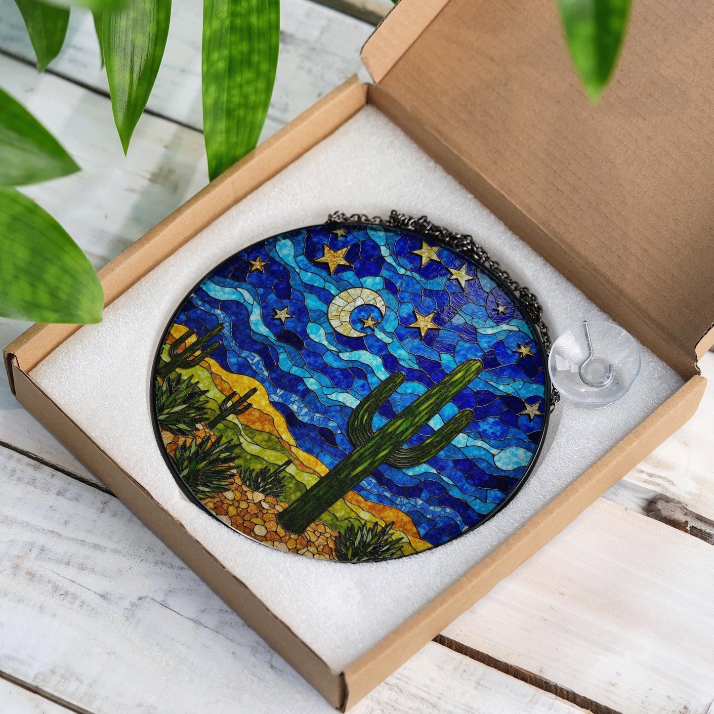Starry Desert Night Cactus Stained Glass Suncatcher Window Decor Gift for Nature Lovers