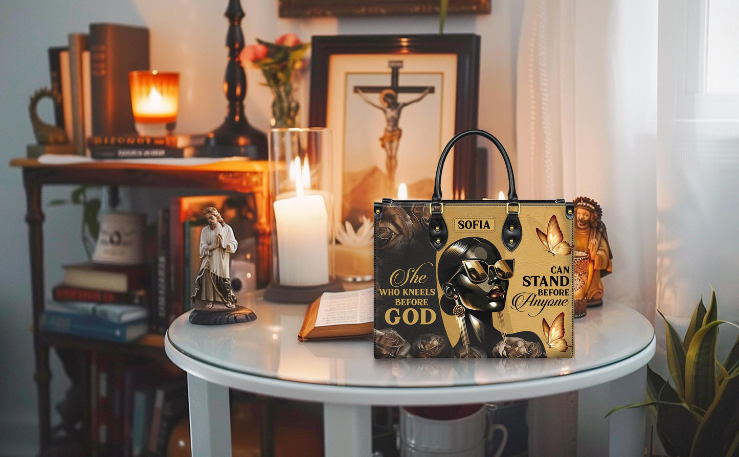 Personalized Leather Handbag Custom Name, Christian Gift, She Who Kneels Before God Stand Before Anyone Bag, Butterfly Design