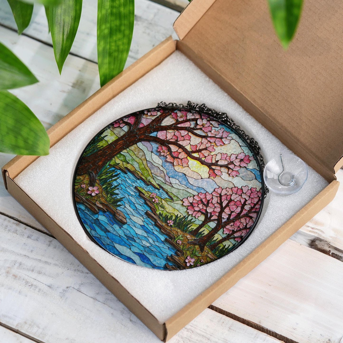Cherry Blossom River Stained Glass Suncatcher Round Window Hanging Gift for Mom