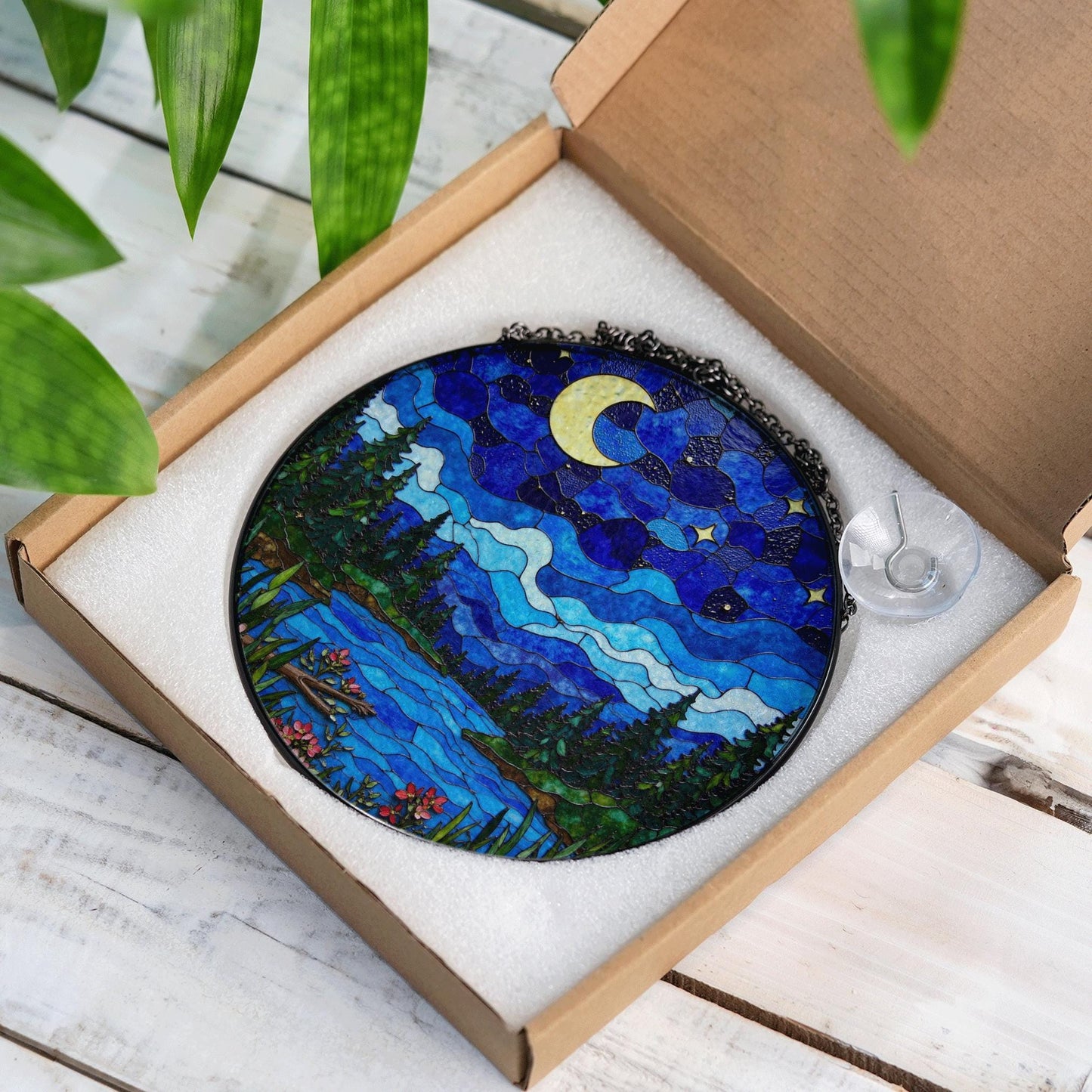 Moonlit forest lake night scene stained glass suncatcher window hanging gift for mom
