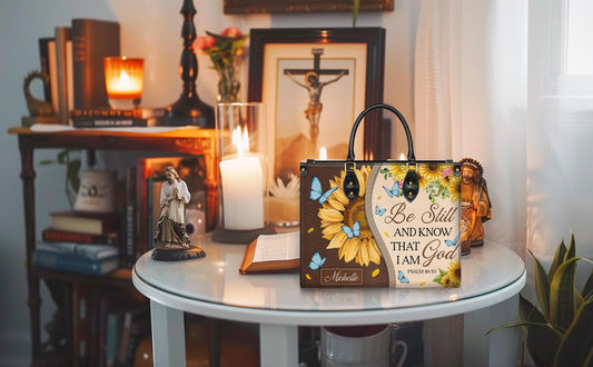 Personalized Leather Handbag Custom Name, Christian Gift, Gifts for Women, Be Still and Know I Am God Bag, Sunflower & Butterfly Design