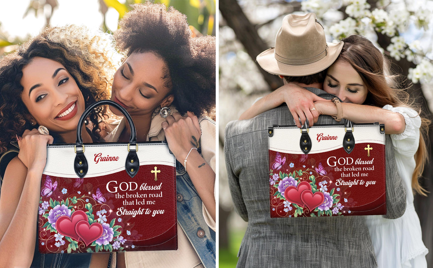 Personalized Leather Handbag Custom Name, Christian Gift, Gifts for Women, God Blessed the Broken Road Bag, Floral Heart Design