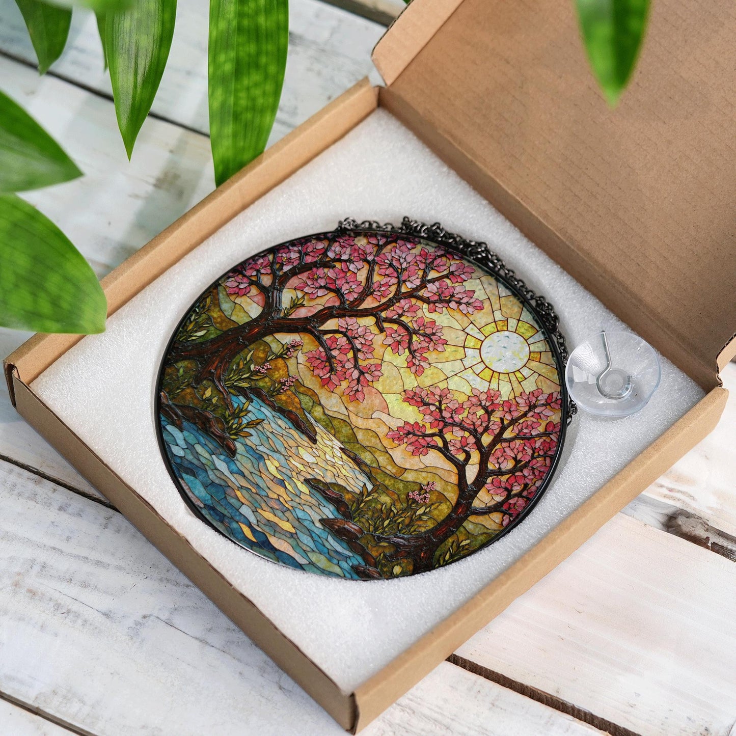 Cherry Blossom River Art Glass Suncatcher Spring Window Decor Gift for Mom or Nature Lover