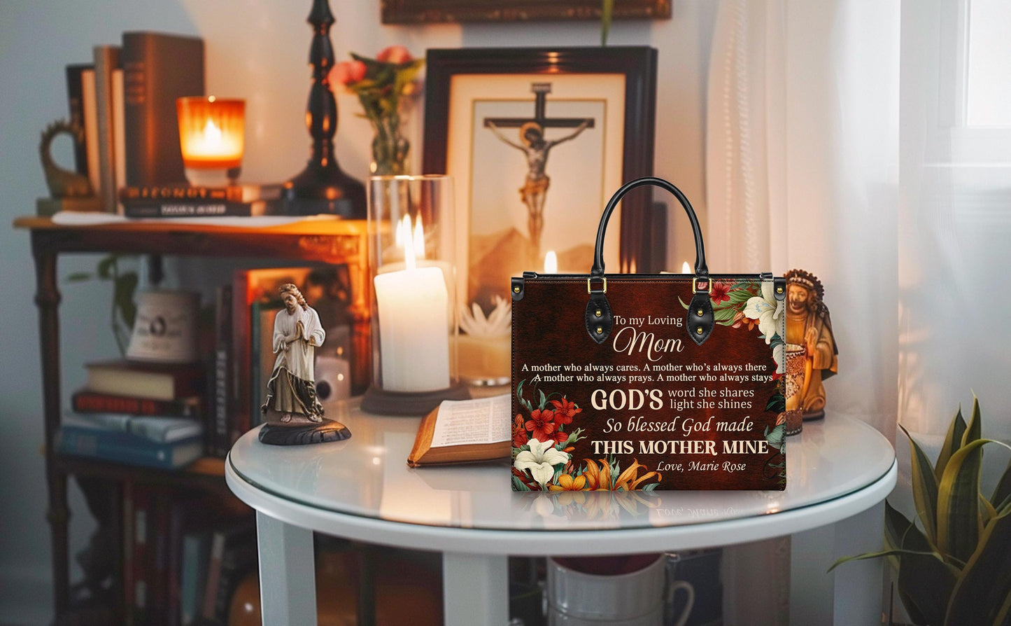 Personalized Leather Handbag Custom Name, Christian Gift, Gifts for Women, To My Loving Mom Bag, God’s Word and Floral Design