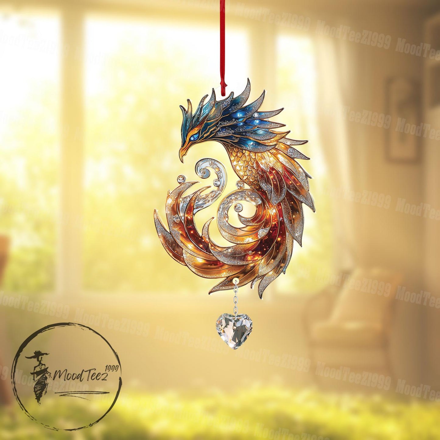Phoenix with Crystal Window Hanging, Magical Phoenix Decor, Fire & Ice Fantasy Art, Mystical Bird Ornament, Unique Home Accent