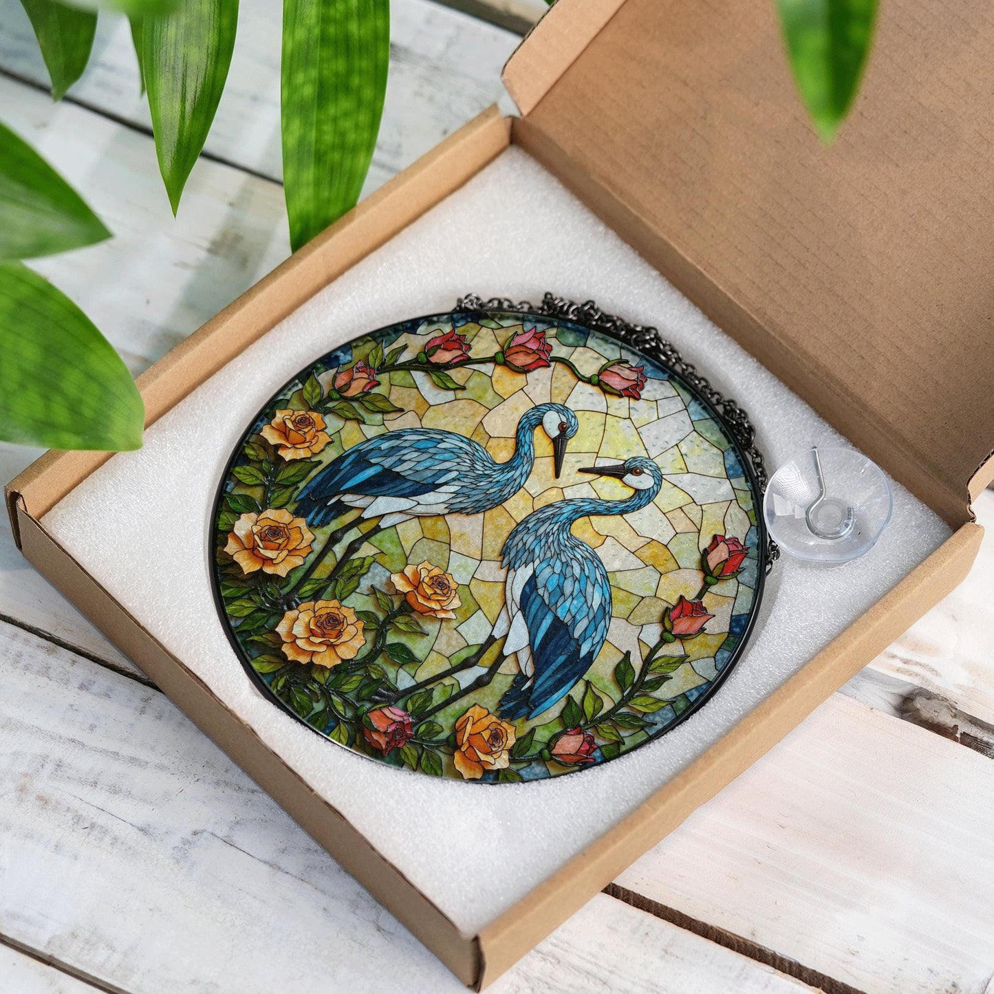 blue heron floral round stained glass window hanging suncatcher bird lover gift