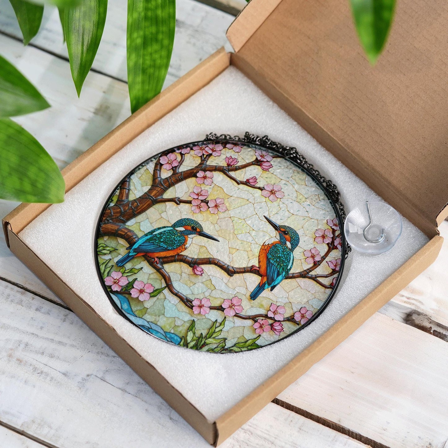 Kingfisher Birds on Cherry Blossom Branch Stained Glass Suncatcher Gift for Bird Lover