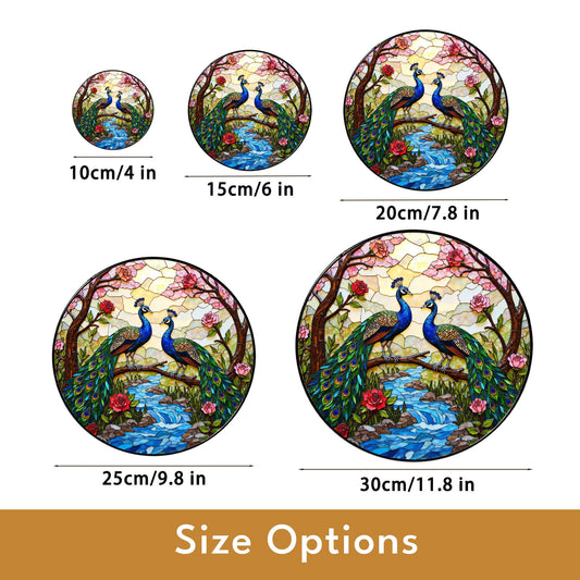 Colorful peacocks by stream stained glass suncatcher window decor gift for nature lovers