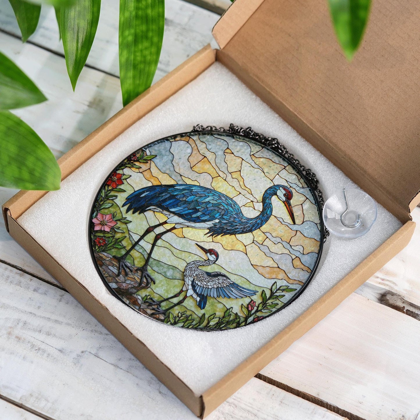 crane and chick standing in meadow stained glass suncatcher bird window decor gift for mom or nature lover