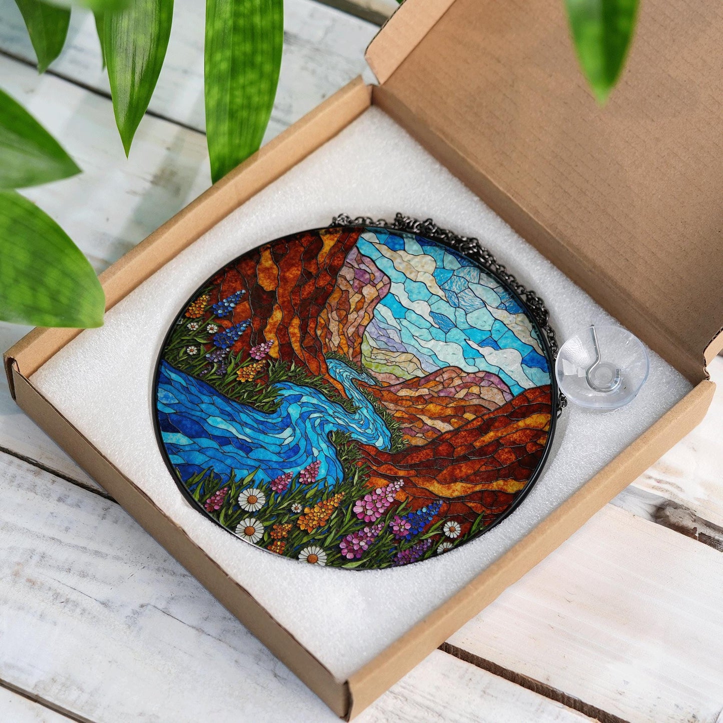Canyon river wildflower valley suncatcher stained glass window gift for outdoor lovers