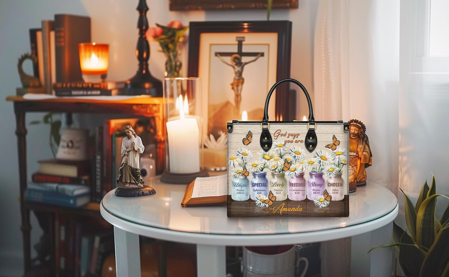 Personalized Leather Handbag Custom Name, Christian Gift, Gifts for Women, God Says You Are Bag, Colored Jars & Butterfly Design