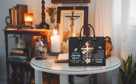 Personalized Leather Handbag Custom Name, Christian Gift, Gifts for Women, Amazing Grace Floral Bag, Cross & Butterfly Design