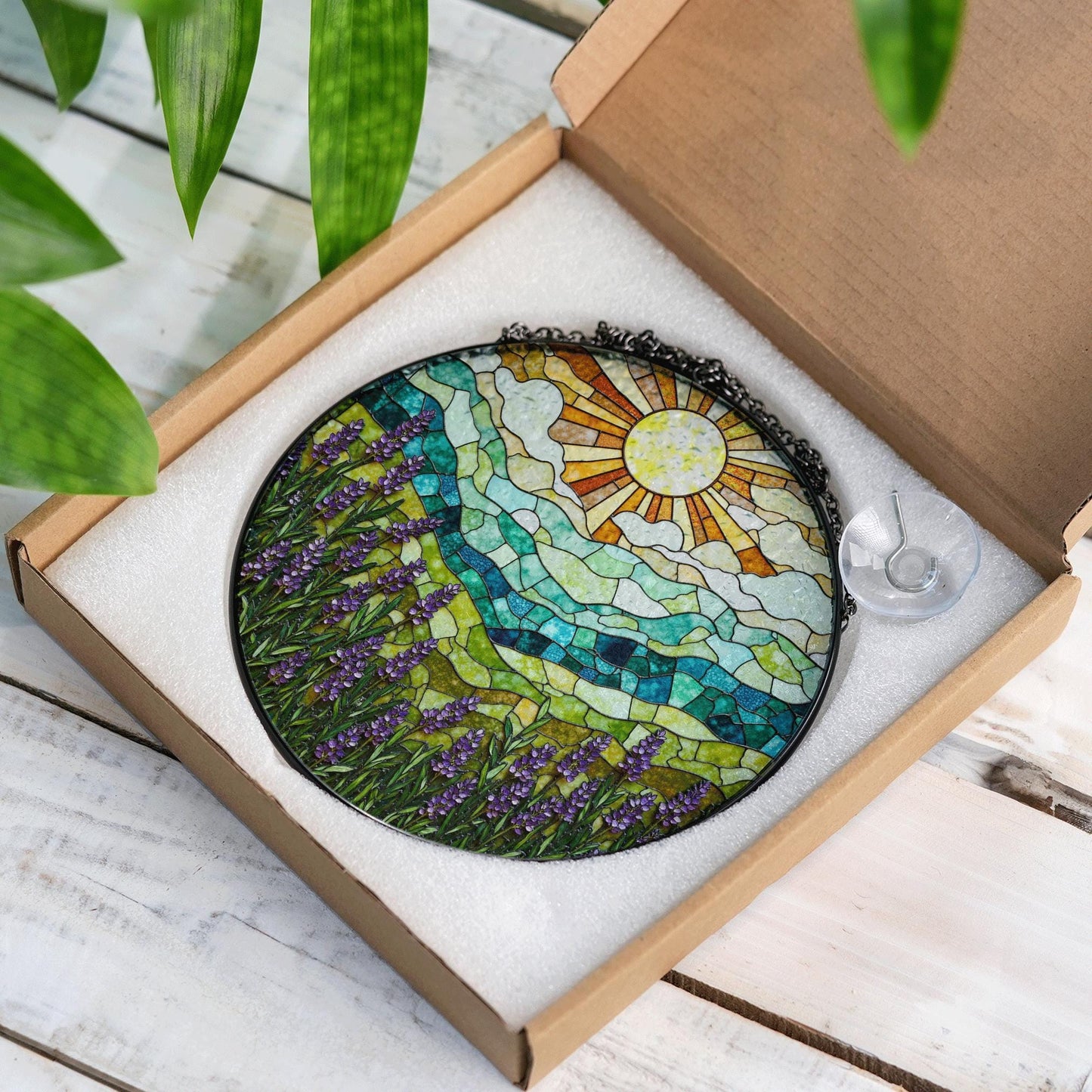 Lavender Field Mountain View Stained Glass Suncatcher Window Art Gift for Nature Lover