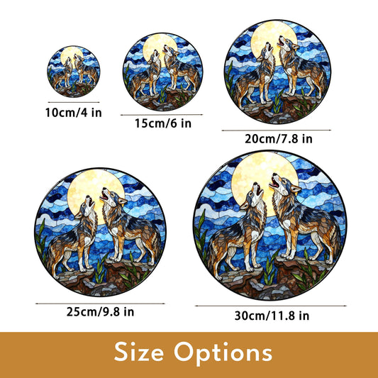 Howling wolves under full moon stained glass suncatcher nature window art gift for wildlife lovers