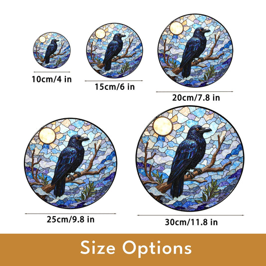raven on branch in mosaic forest stained glass suncatcher gift for nature lovers