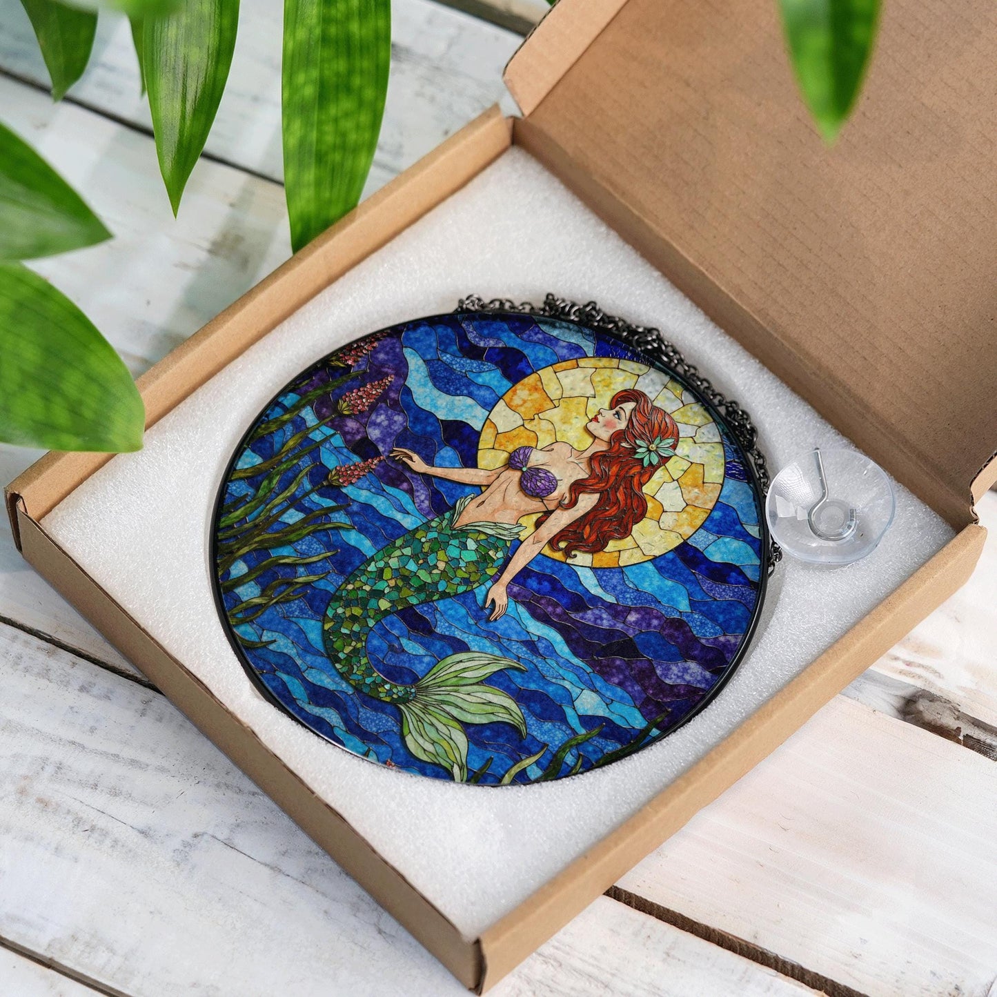 mermaid with red hair under sun in ocean waves stained glass suncatcher gift for sister