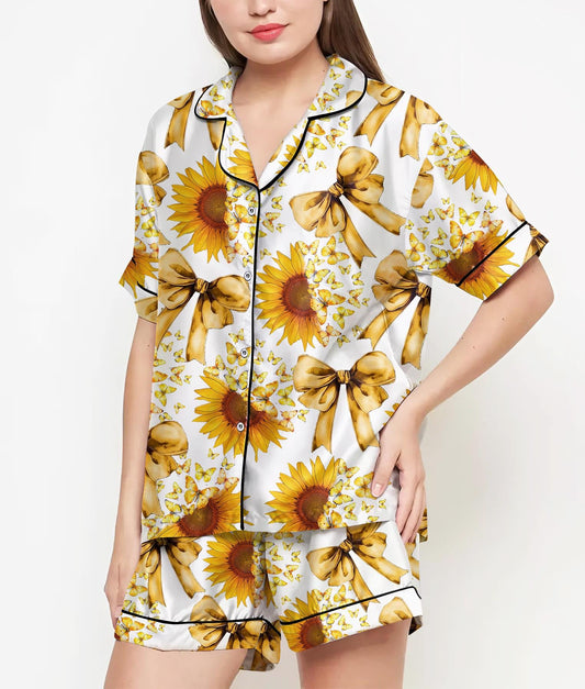 Coquette Sunflower Pajamas Satin Set, Sunflower Shirt Yellow Butterflies, Mother's Day Gift, Birthday Gift, Bridesmaid Gifts