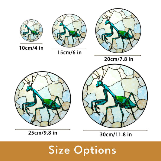 Green praying mantis glass art round suncatcher stained insect decor gift for nature lover dad