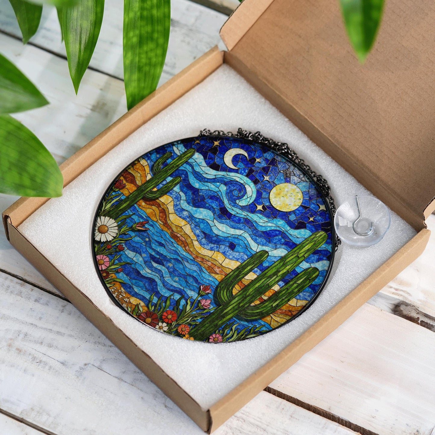 Desert Night Sky Cactus Landscape Colorful Suncatcher Window Hanging Gift for Nature Lover