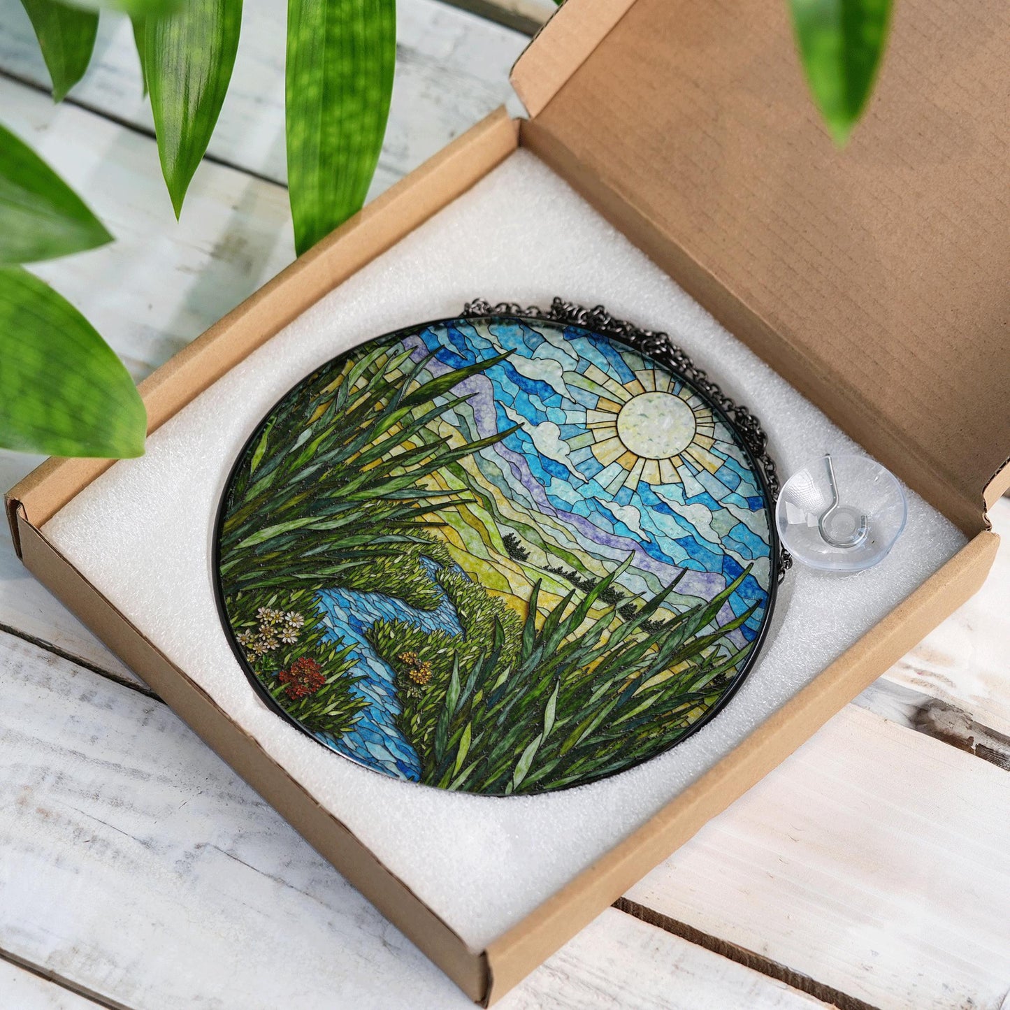Sunny River Valley Landscape Stained Glass Style Suncatcher Gift for Nature Lover Window Decor