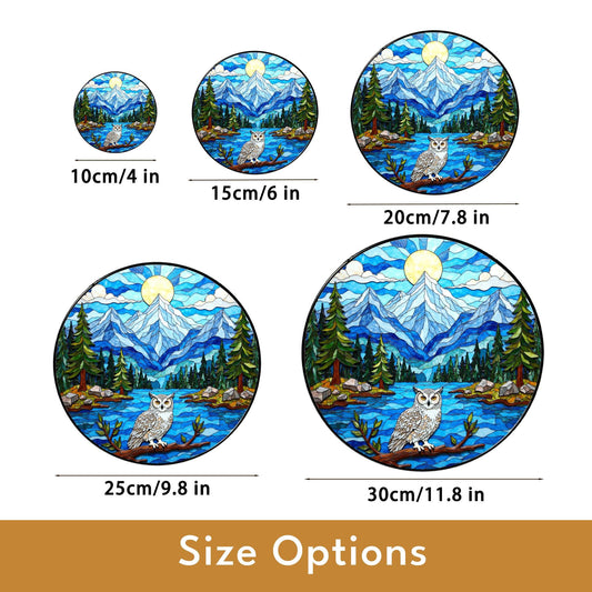 Mountain Owl Forest Scene Round Suncatcher Window Hanging Gift for Nature Lover