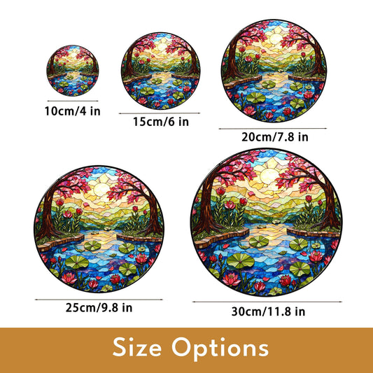 Stained Glass Lotus Pond Scene Round Suncatcher Window Decor Gift for Nature Lover Friend