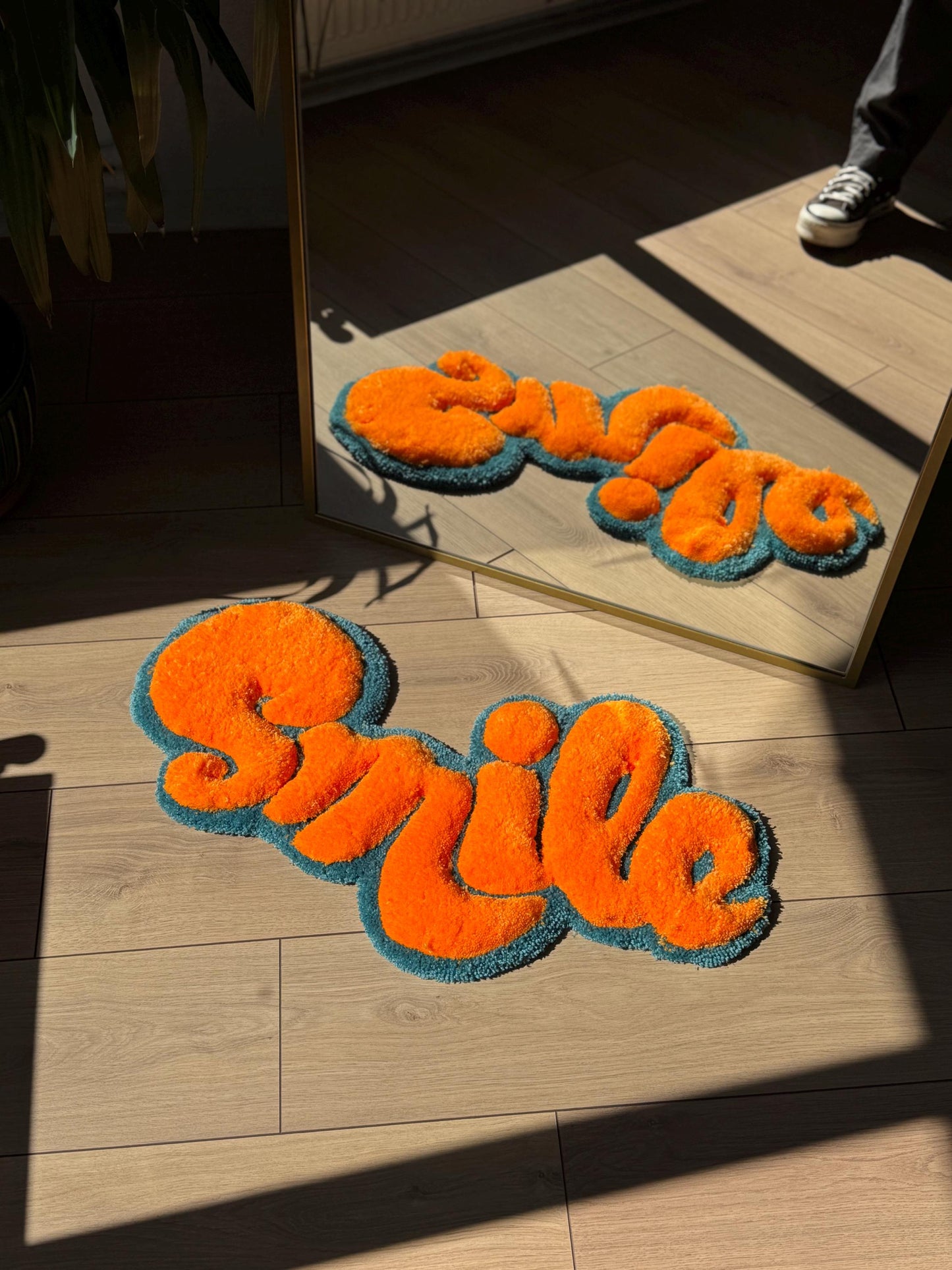 SMILE Tufted Rug – Handmade 3D Fluffy Quote Carpet – Positive Soft Floor or Wall Art – Bold Text Decor