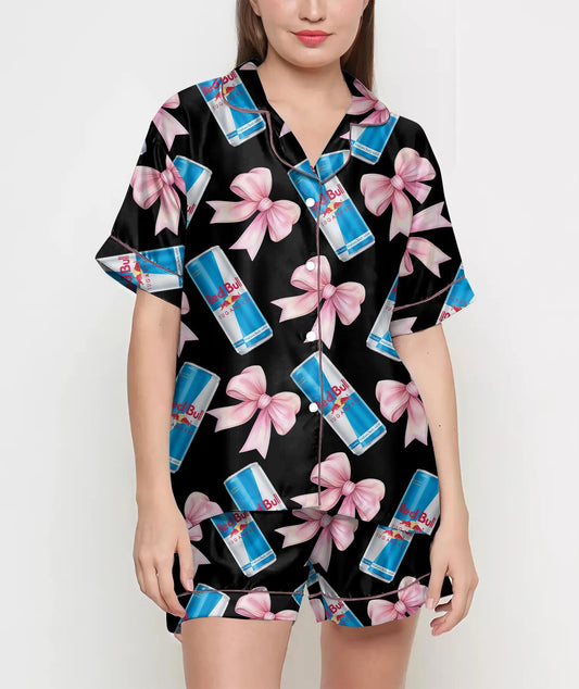 Bull Sugar Free Pink Coquette Bow Pajamas Satin Set, Energy Drink Shirt, Mother Gift, Birthday Gift, Pjs For Women, Bridesmaid Gifts, Party