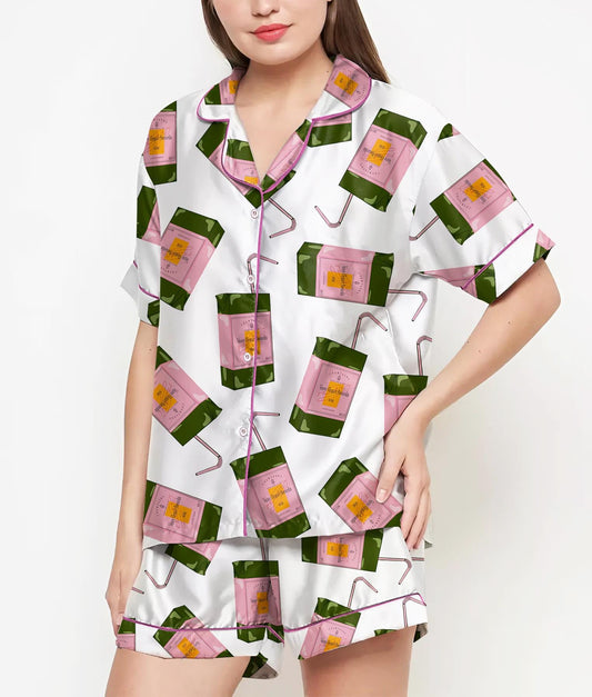 Champagne Juice Box Pajamas Satin Set, Coquette Shirt, Mother's Day Gift, Birthday Gift,Pjs For Women, Bridesmaid Gifts, Party Gift,