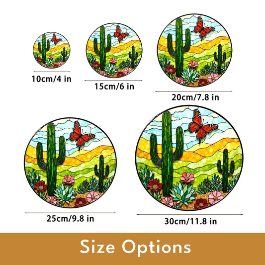 Desert cactus butterfly stained glass suncatcher with succulents colorful sunlit decor gift for plant lovers