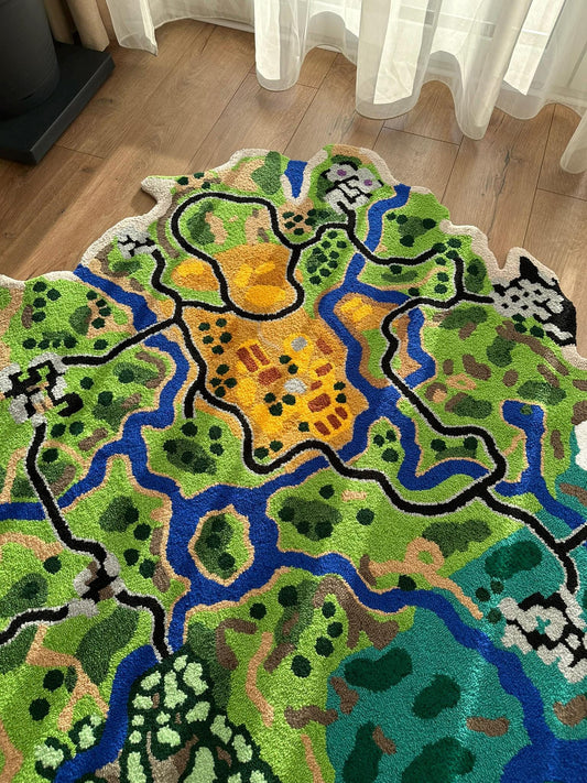 Tufted Rug with Map of Battle Royale Game – Handmade Game-Inspired Carpet – Colorful Custom Decor – Gift for Fans of Games & Animation