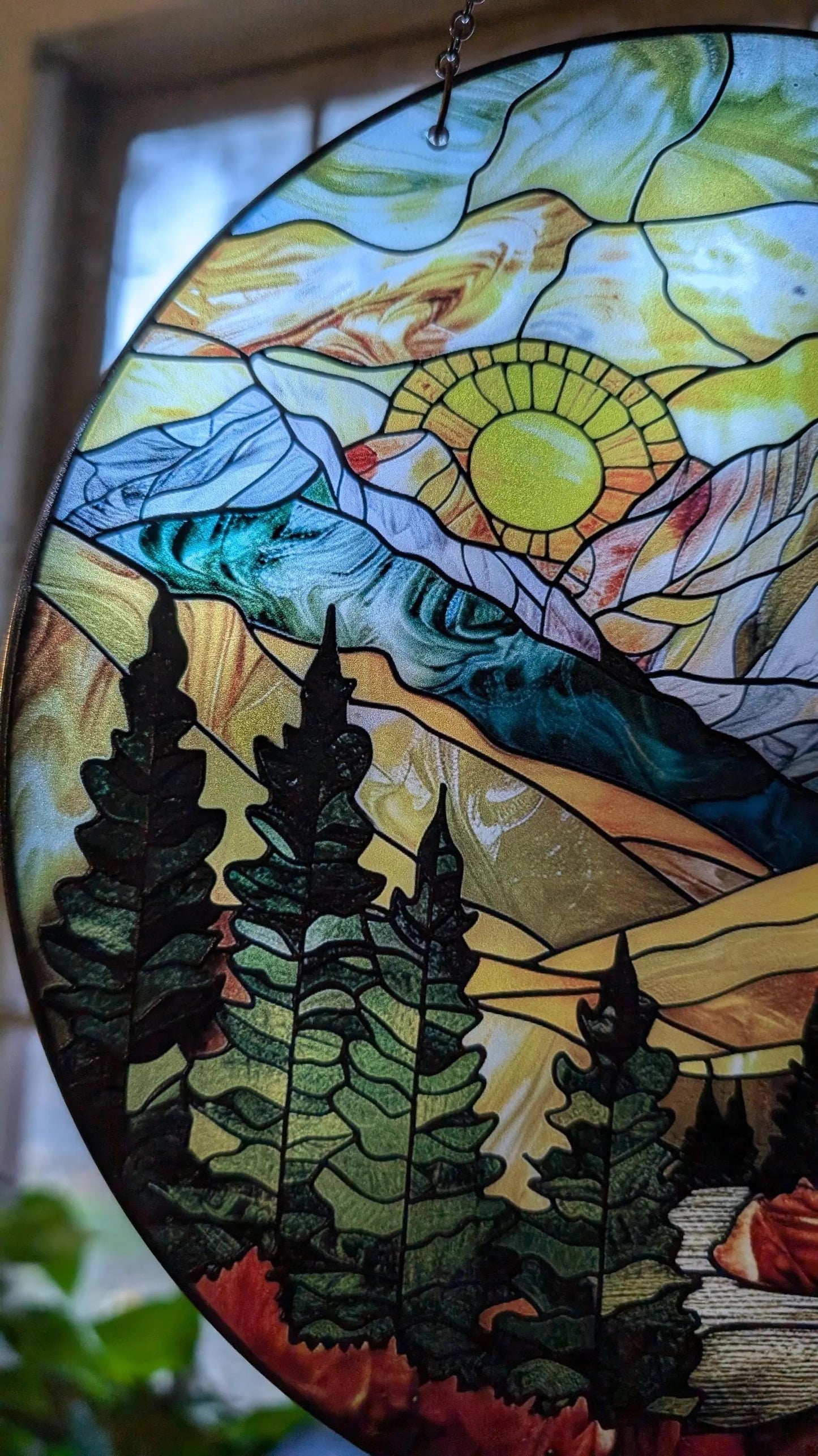 Mountain Range: Stained Glass Style Window Hanging