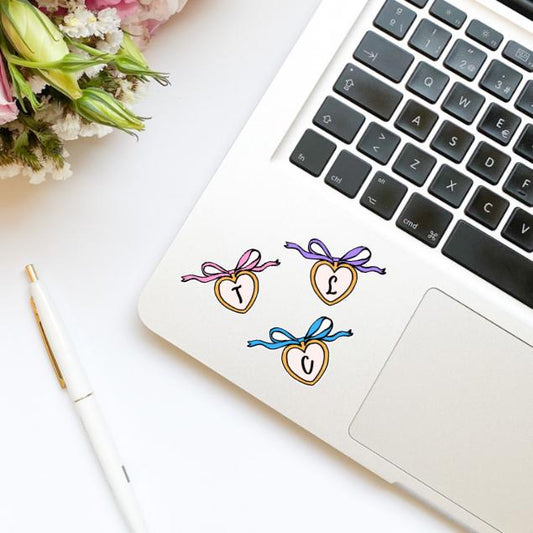 Custom Monogram Initial Letter Heart Locket Purple Bow Vinyl Sticker | Girly Sticker | Kindle Stickers | Cute Stickers | Trendy