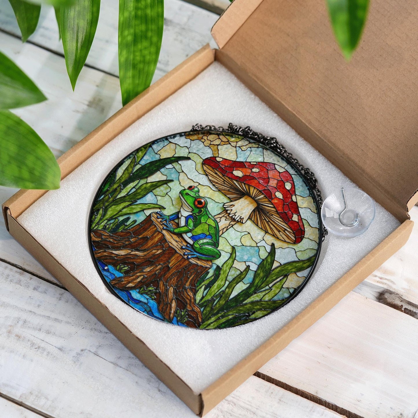 Frog on stump under red mushroom stained glass suncatcher forest animal decor gift for nature lover