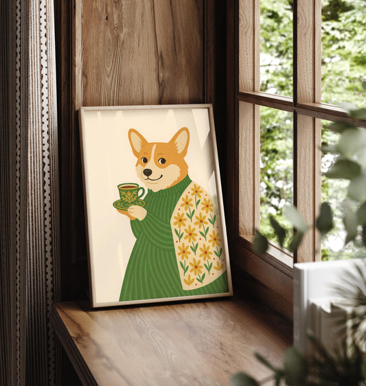 Corgi art print, Dog wall art, Dog with coffee, Coffee print, Espresso art print, Floral pattern print, Beige neutral aesthetic poster
