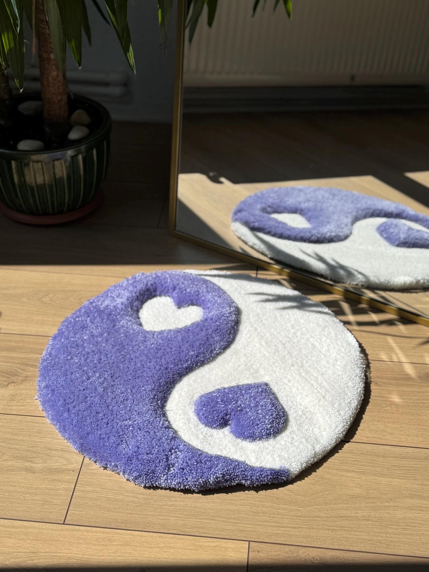 Yin Yang Heart Rug – Light Purple 3D Handmade Fluffy Tufted Carpet – Soft Aesthetic Floor or Wall Decor