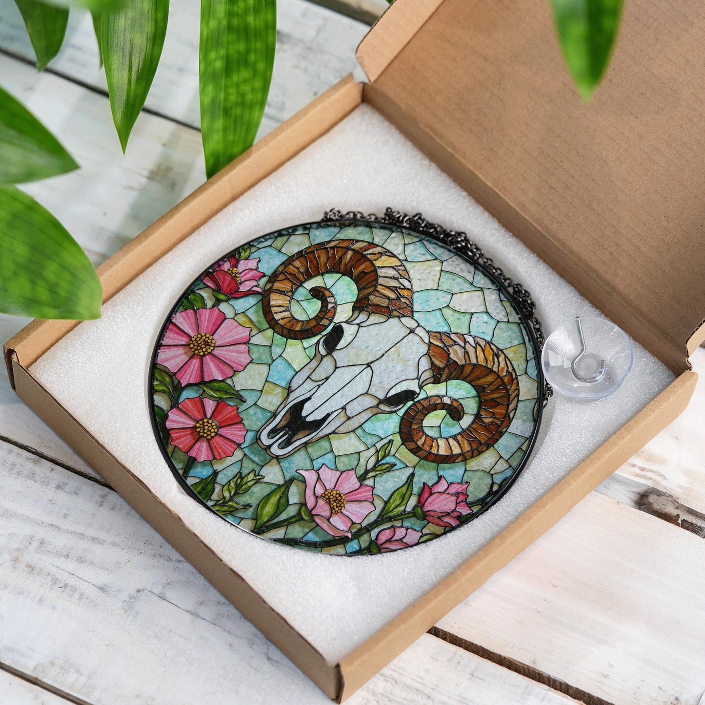 ram skull with wildflowers stained glass suncatcher rustic decor gift for nature lovers