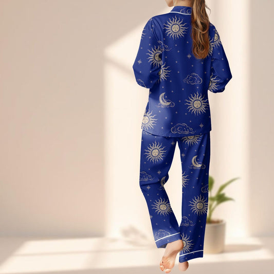 Celestial Moon And Sun Satin Pajamas Set, Mystical Night Sky Women Sleepwear, Dark Blue Astrology Pjs, Cozy Loungewear, Funny Gift